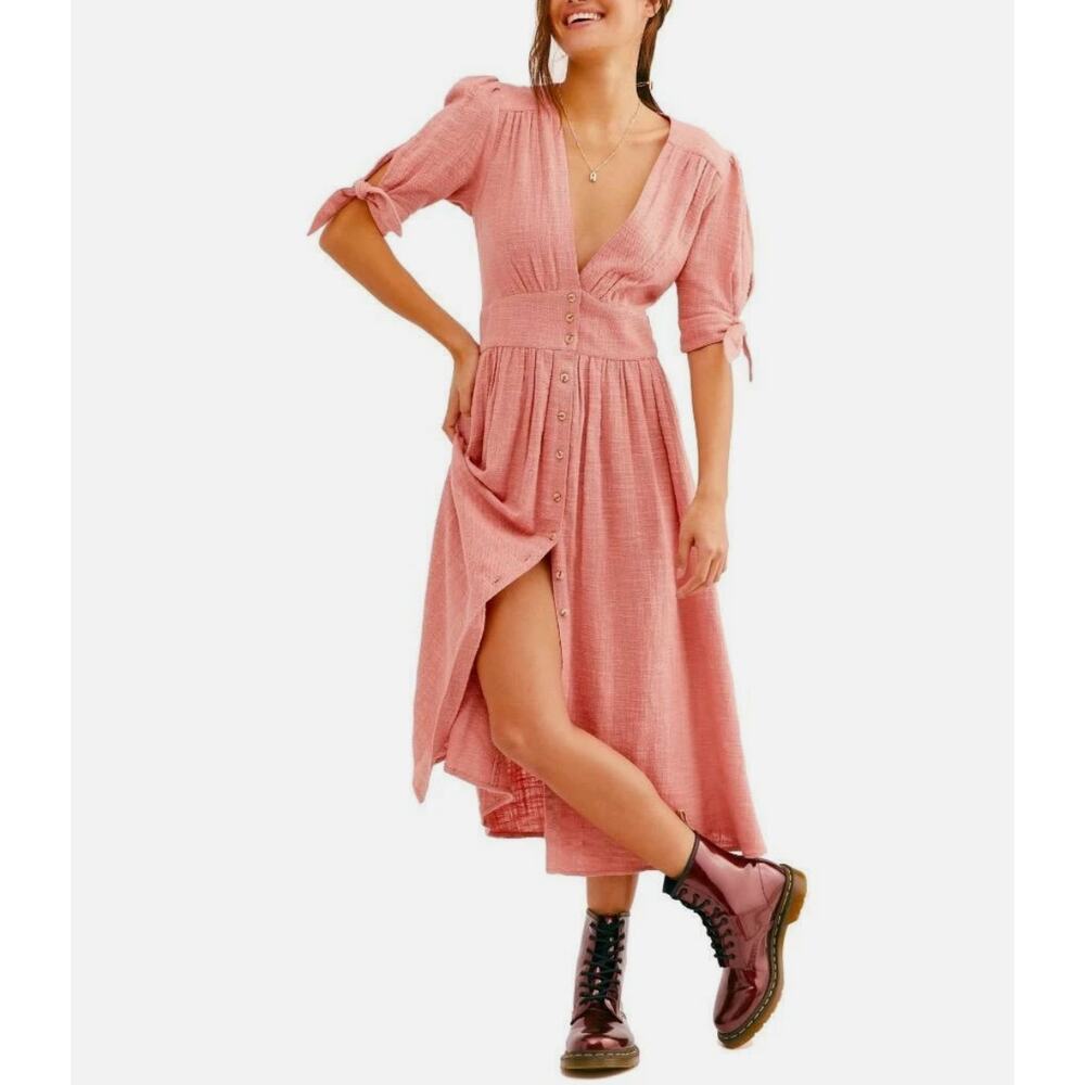 Free People Dusty Rose Midi Button-Front Dress